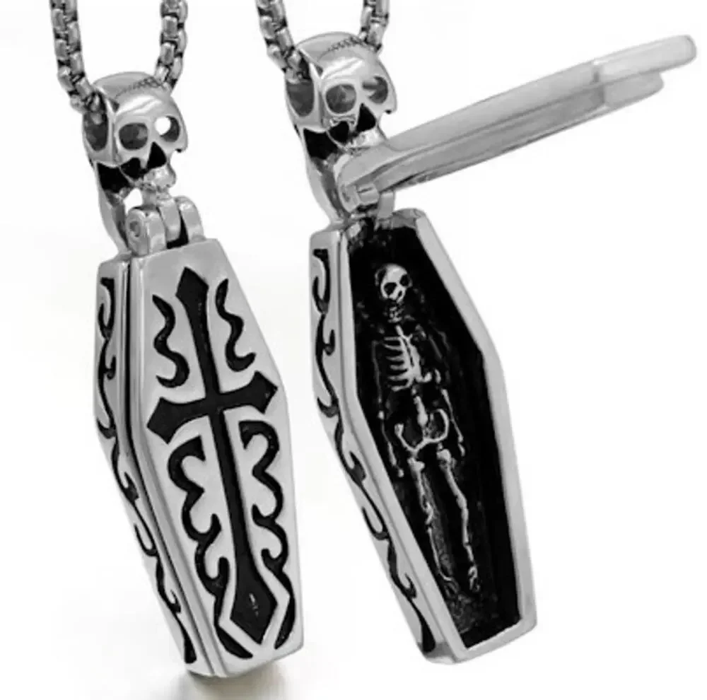 Gothic Cross Necklace with Skeleton Inside Titanium Steel Coffin Pendant Skull